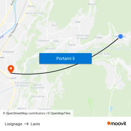 Lisignago to Lavis map