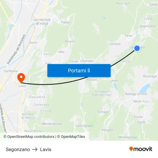 Segonzano to Lavis map