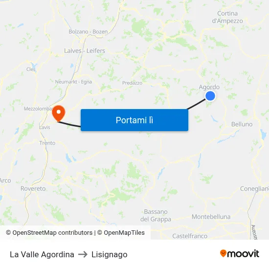 La Valle Agordina to Lisignago map