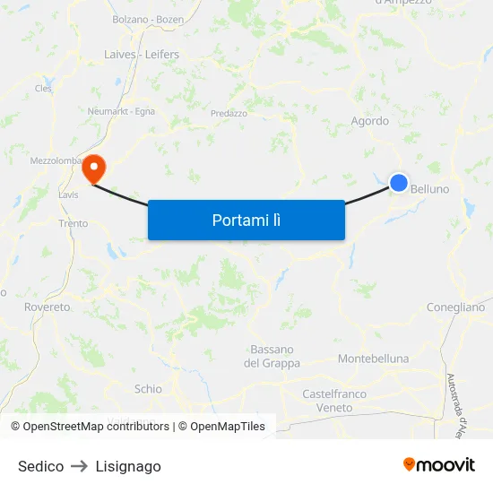 Sedico to Lisignago map