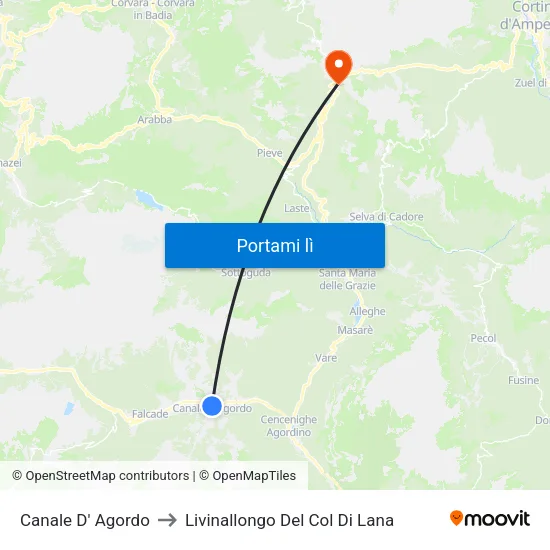 Canale D' Agordo to Livinallongo Del Col Di Lana map