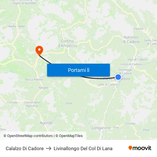 Calalzo Di Cadore to Livinallongo Del Col Di Lana map