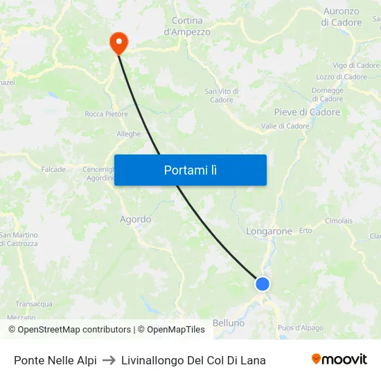 Ponte Nelle Alpi to Livinallongo Del Col Di Lana map