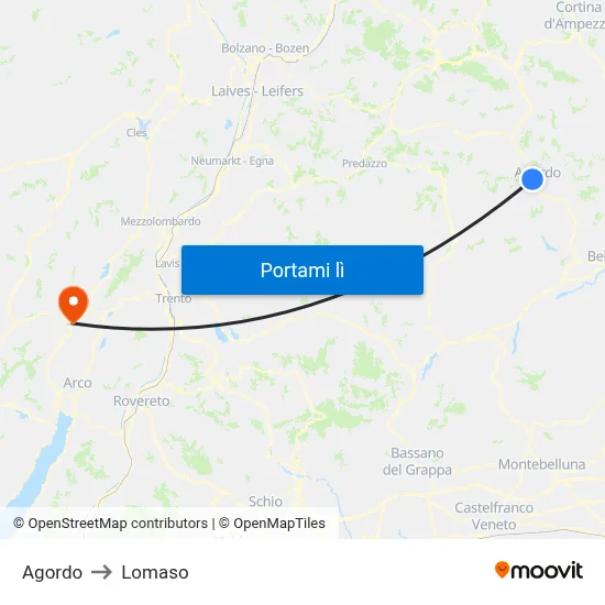 Agordo to Lomaso map