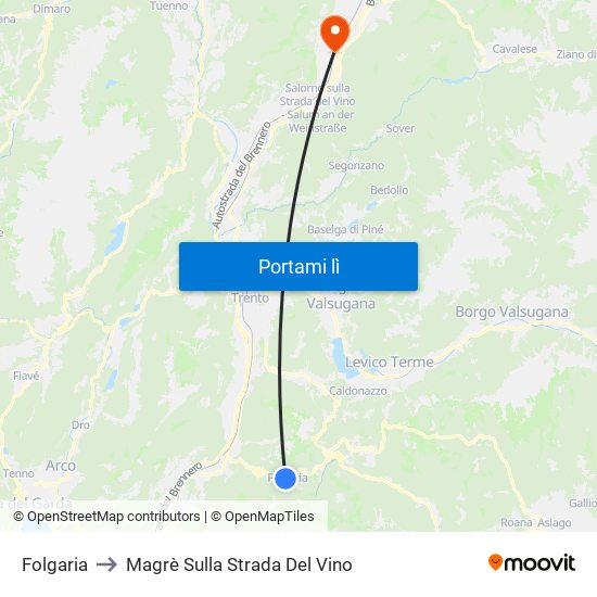 Folgaria to Magrè Sulla Strada Del Vino map