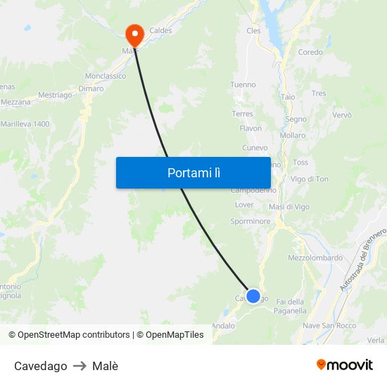 Cavedago to Malè map