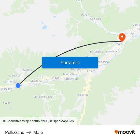 Pellizzano to Malè map