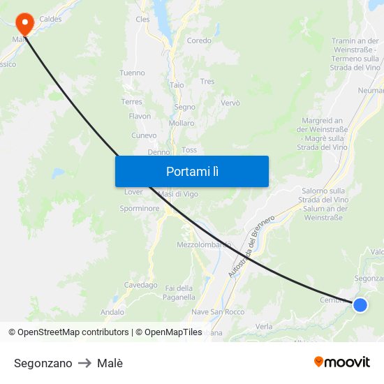 Segonzano to Malè map