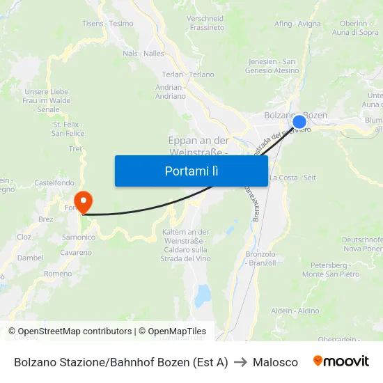 Bolzano Stazione/Bahnhof Bozen to Malosco map