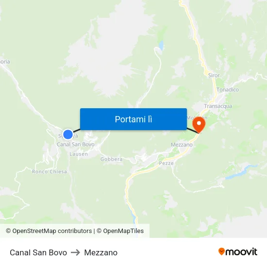Canal San Bovo to Mezzano map