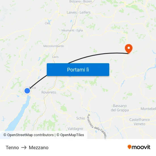 Tenno to Mezzano map
