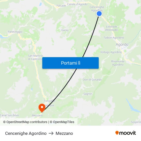 Cencenighe Agordino to Mezzano map