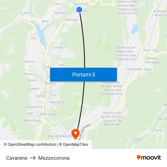 Cavareno to Mezzocorona map