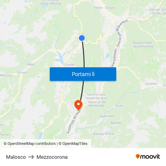 Malosco to Mezzocorona map