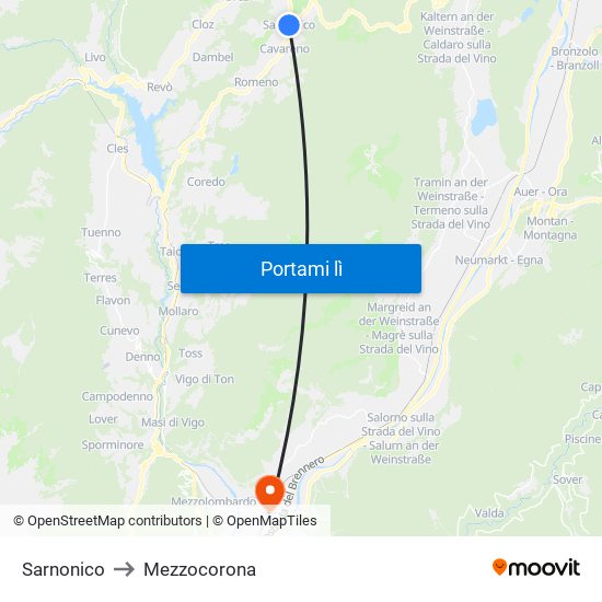 Sarnonico to Mezzocorona map