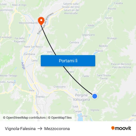 Vignola-Falesina to Mezzocorona map