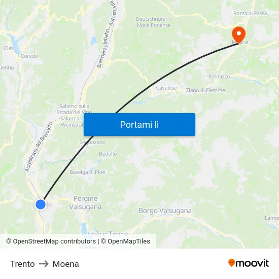 Trento to Moena map