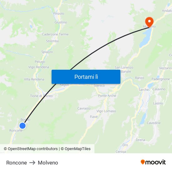 Roncone to Molveno map