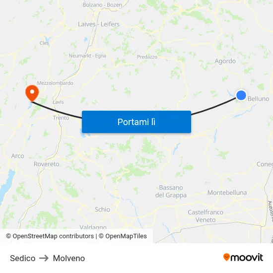 Sedico to Molveno map