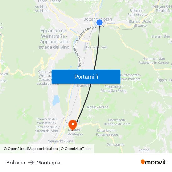 Bolzano to Montagna map