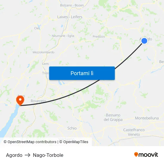 Agordo to Nago-Torbole map