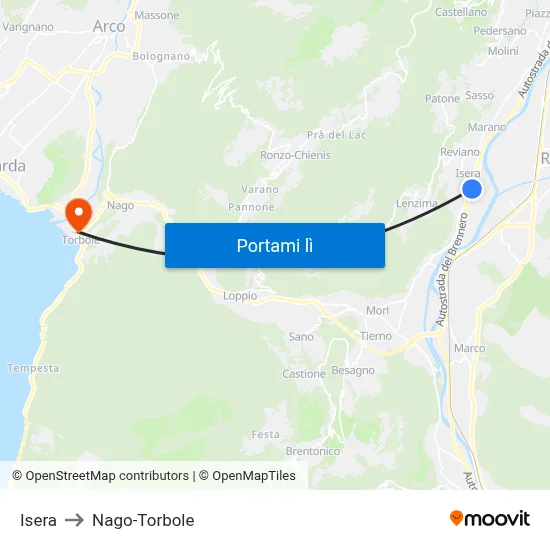 Isera to Nago-Torbole map