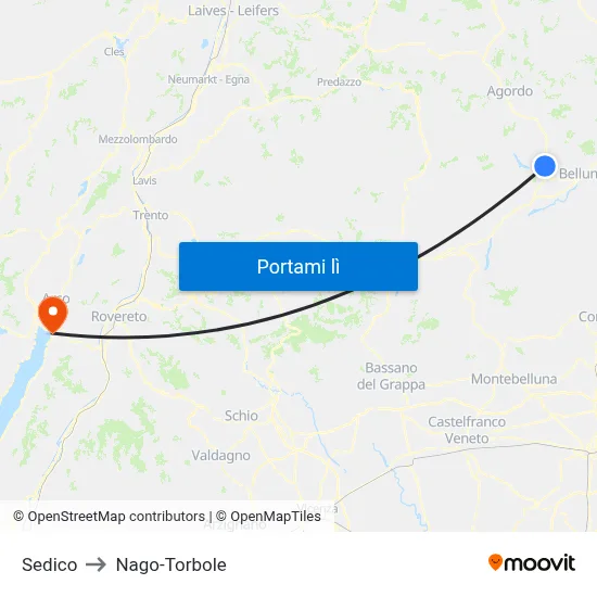 Sedico to Nago-Torbole map