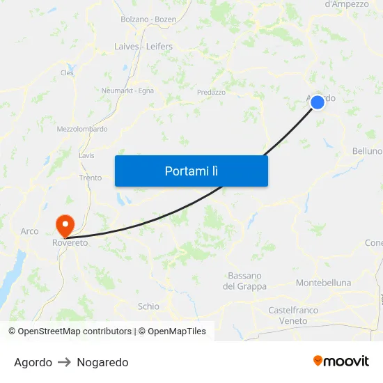 Agordo to Nogaredo map