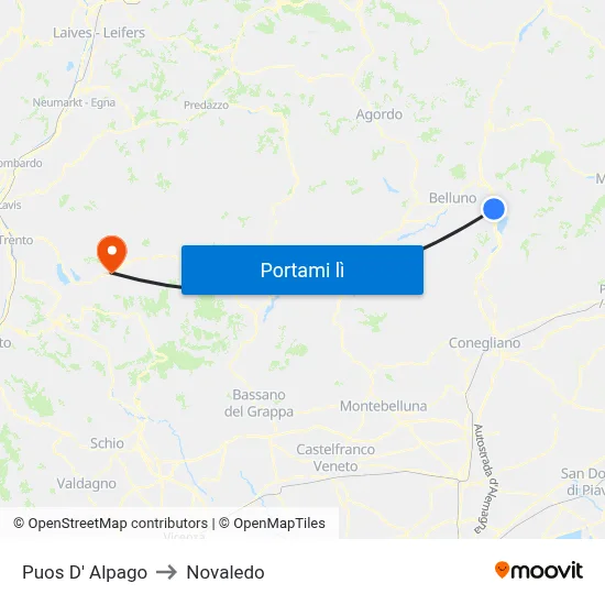 Puos D' Alpago to Novaledo map