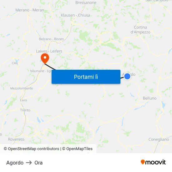 Agordo to Ora map