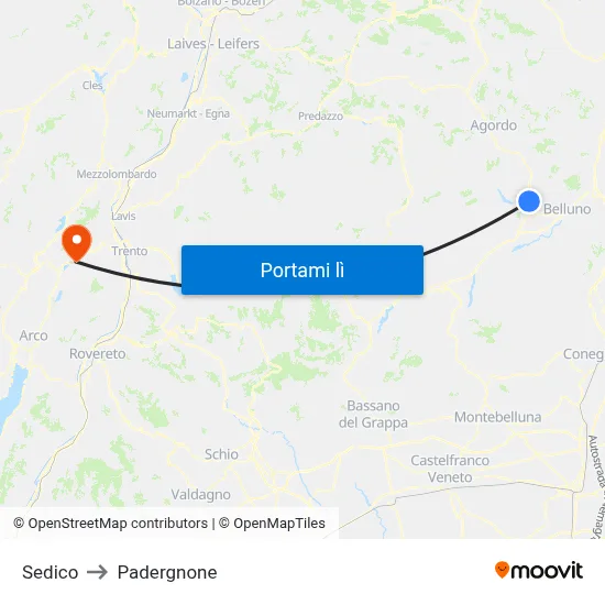 Sedico to Padergnone map