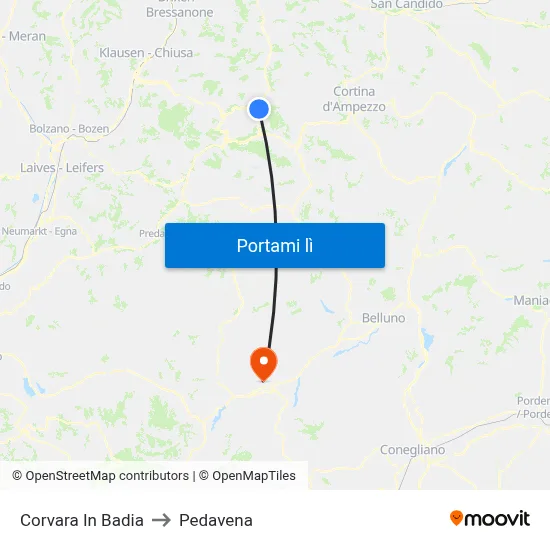 Corvara In Badia to Pedavena map