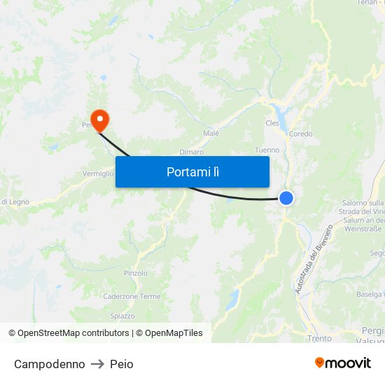 Campodenno to Peio map