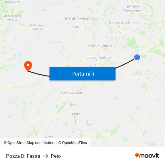 Pozza Di Fassa to Peio map