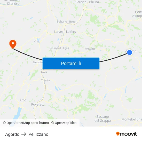 Agordo to Pellizzano map