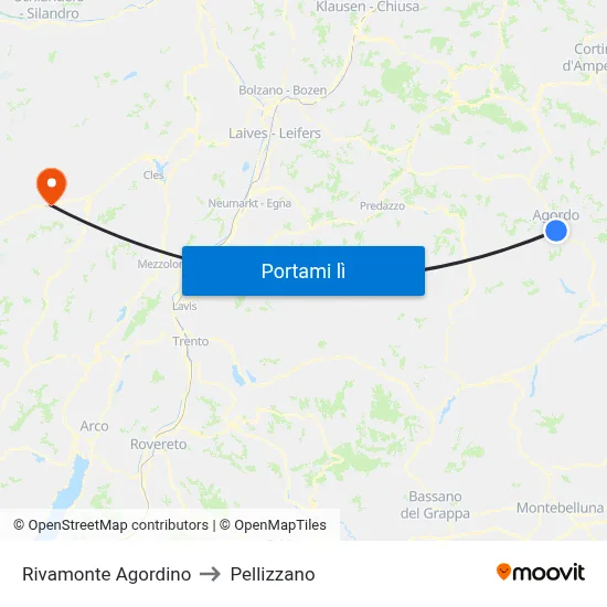 Rivamonte Agordino to Pellizzano map