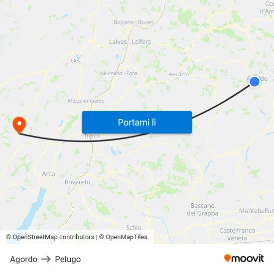 Agordo to Pelugo map