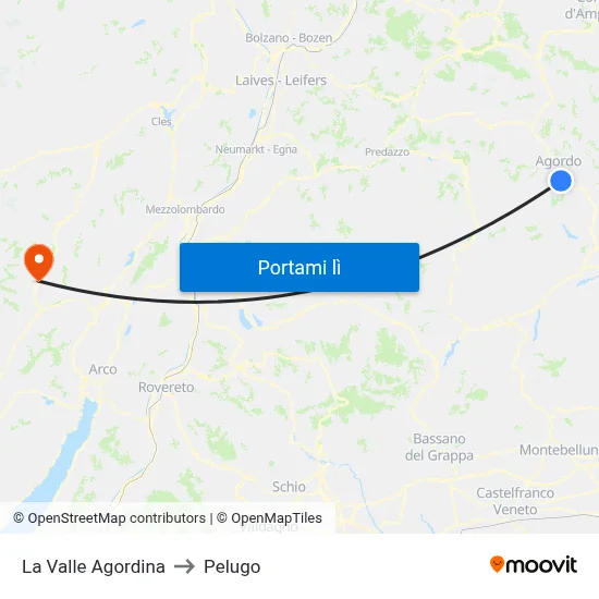 La Valle Agordina to Pelugo map