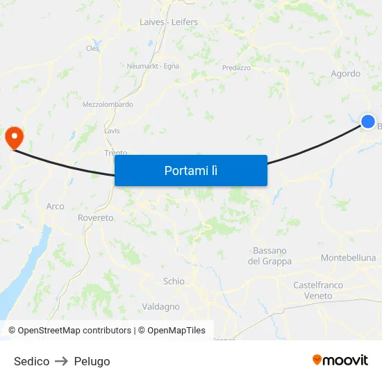 Sedico to Pelugo map