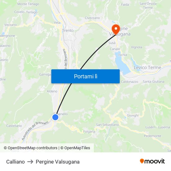 Calliano to Pergine Valsugana map