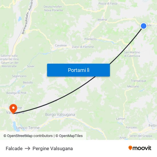 Falcade to Pergine Valsugana map