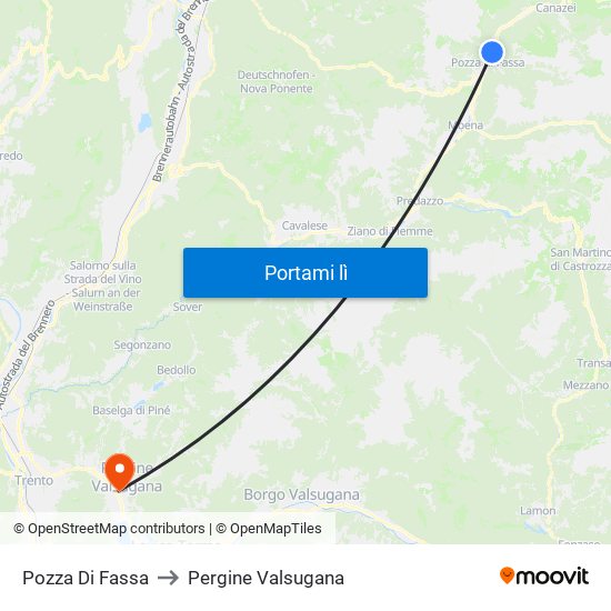 Pozza Di Fassa to Pergine Valsugana map