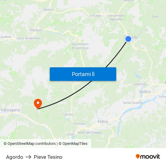 Agordo to Pieve Tesino map