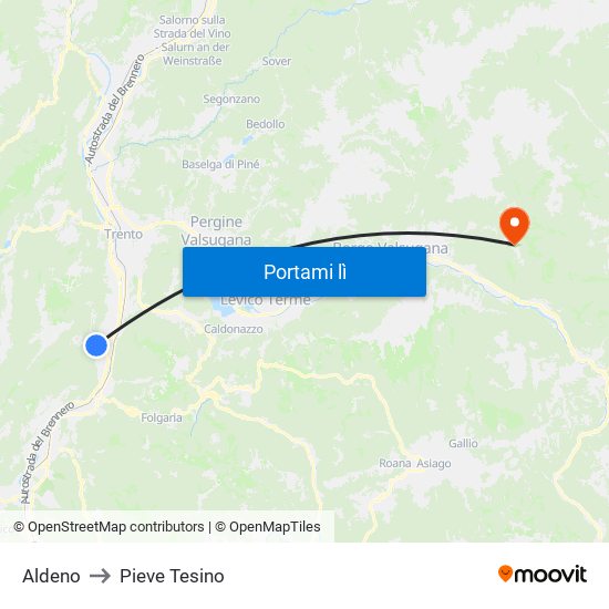 Aldeno to Pieve Tesino map
