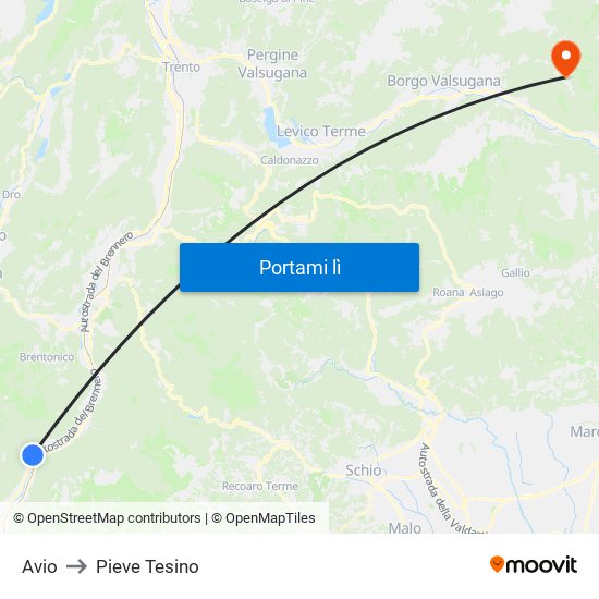 Avio to Pieve Tesino map