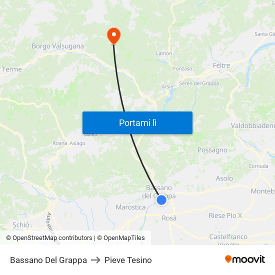 Bassano Del Grappa to Pieve Tesino map