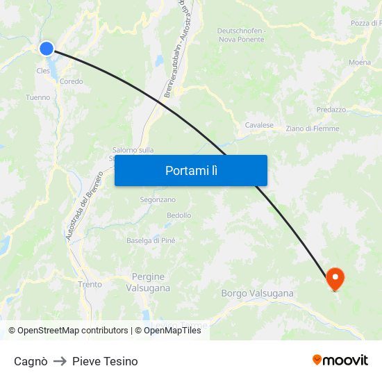 Cagnò to Pieve Tesino map