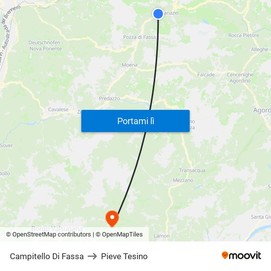 Campitello Di Fassa to Pieve Tesino map