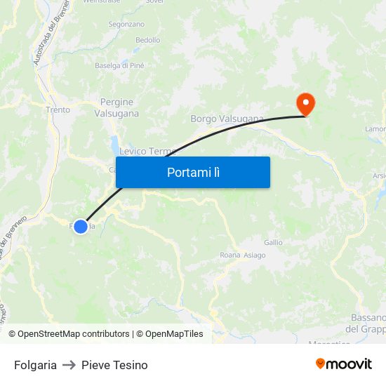 Folgaria to Pieve Tesino map
