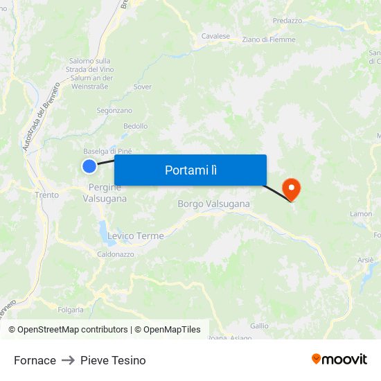 Fornace to Pieve Tesino map